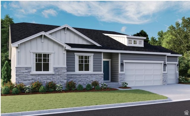 6258 W Teton Ranch Dr S Unit 309, Herriman, UT 84096 - view of front of house featuring stone siding, board and batten siding, a front yard, a garage, and concrete driveway