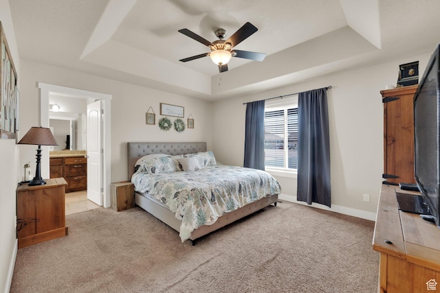 5295 S 4425 W, Hooper, UT 84315 - bedroom featuring a raised ceiling, light carpet, ensuite bathroom, and ceiling fan