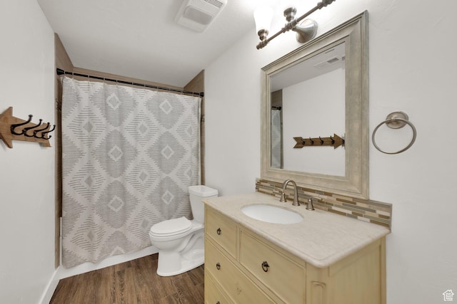 5295 S 4425 W, Hooper, UT 84315 - full bathroom featuring vanity, backsplash, wood finished floors, and a shower with shower curtain