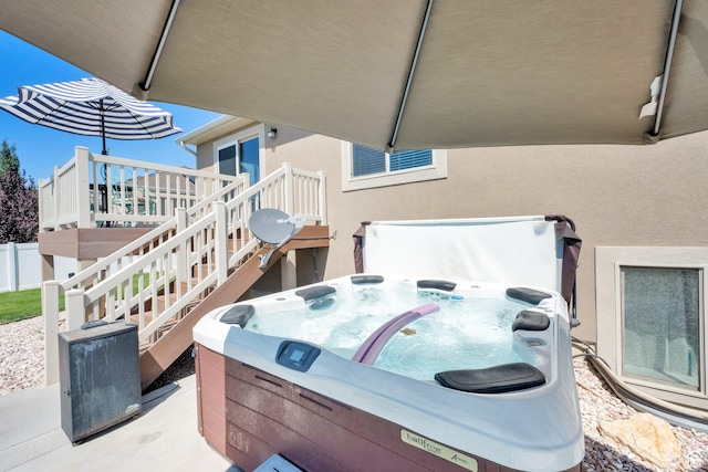 5295 S 4425 W, Hooper, UT 84315 - view of patio featuring a deck, a hot tub, and stairway