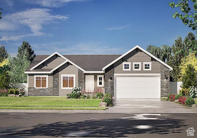 9420 N 5600, Elwood, UT 84337 - craftsman inspired home featuring stone siding, driveway, a front lawn, and a garage