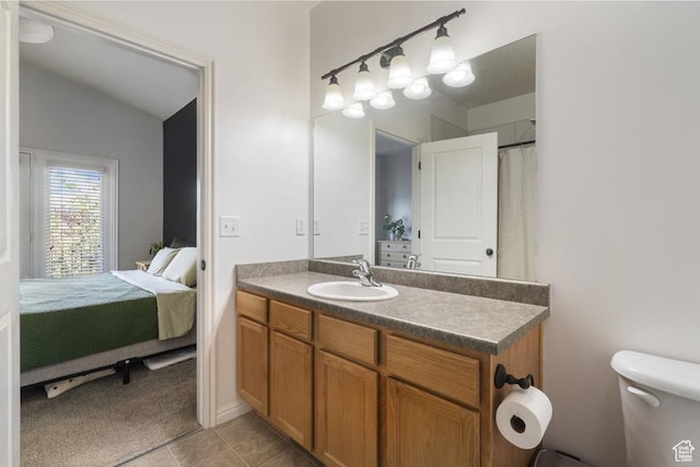 14861 S Treseder St, Draper, UT 84020 - full bathroom featuring vanity, lofted ceiling, and tile patterned flooring