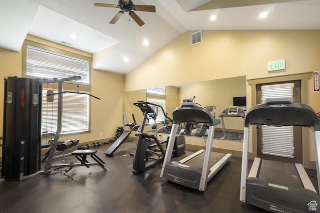 14861 S Treseder St, Draper, UT 84020 - exercise room with ceiling fan, recessed lighting, and high vaulted ceiling