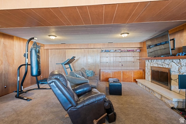 1851 N Main St, Centerville, UT 84014 - living room featuring carpet flooring, wood walls, wooden ceiling, and a fireplace
