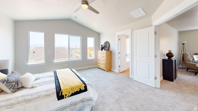 7497 W Sage Slope Way, Herriman, UT 84096 - carpeted bedroom featuring vaulted ceiling, ensuite bath, and ceiling fan