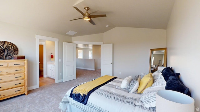 7497 W Sage Slope Way, Herriman, UT 84096 - bedroom with light colored carpet, lofted ceiling, connected bathroom, and a ceiling fan
