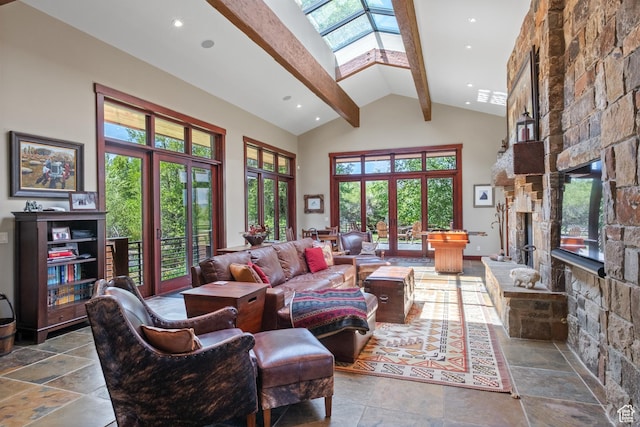 4445 N Millrace Rd, Oakley, UT 84055 - living room with stone tile floors, beamed ceiling, high vaulted ceiling, healthy amount of natural light, and a fireplace