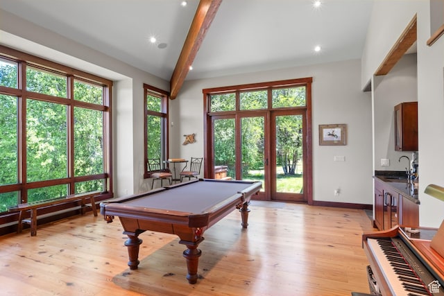 4445 N Millrace Rd, Oakley, UT 84055 - game room featuring plenty of natural light, beamed ceiling, pool table, light wood finished floors, and recessed lighting