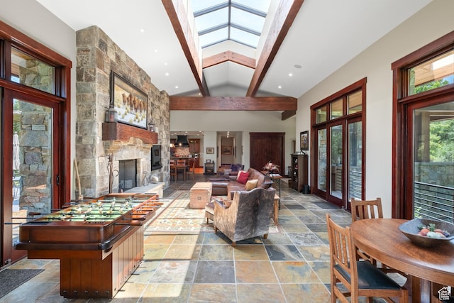 4445 N Millrace Rd, Oakley, UT 84055 - living area with stone tile flooring and a stone fireplace