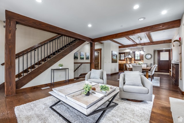 1825 Three Kings Dr Unit 703, Park City, UT 84060 - living room with recessed lighting, stairway, wood finished floors, and beam ceiling