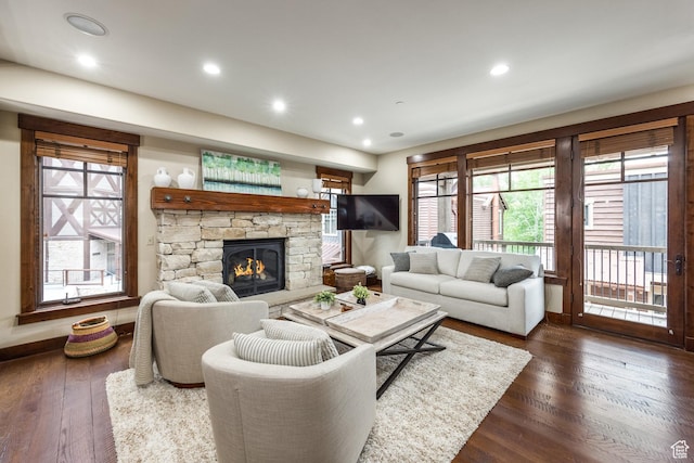 1825 Three Kings Dr Unit 703, Park City, UT 84060 - living room with a fireplace, dark wood-style floors, and recessed lighting