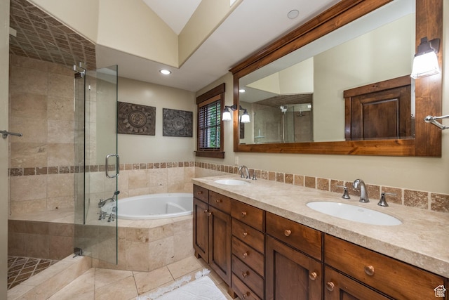 1825 Three Kings Dr Unit 703, Park City, UT 84060 - bathroom featuring a garden tub, a stall shower, double vanity, and recessed lighting
