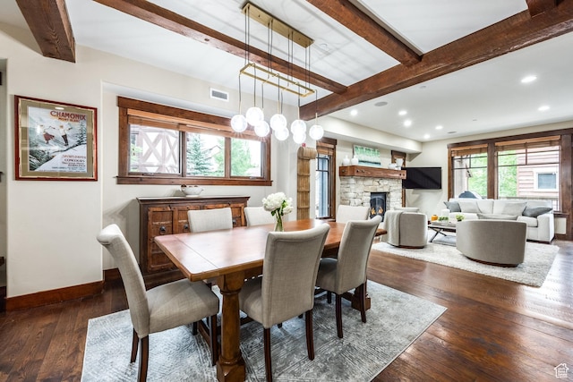 1825 Three Kings Dr Unit 703, Park City, UT 84060 - dining area with beamed ceiling, dark wood-type flooring, a stone fireplace, recessed lighting, and a chandelier