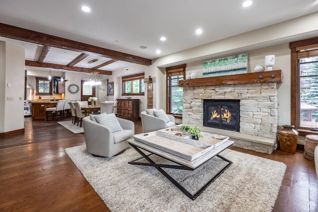1825 Three Kings Dr Unit 703, Park City, UT 84060 - living room with dark wood-style floors, a stone fireplace, recessed lighting, and beam ceiling