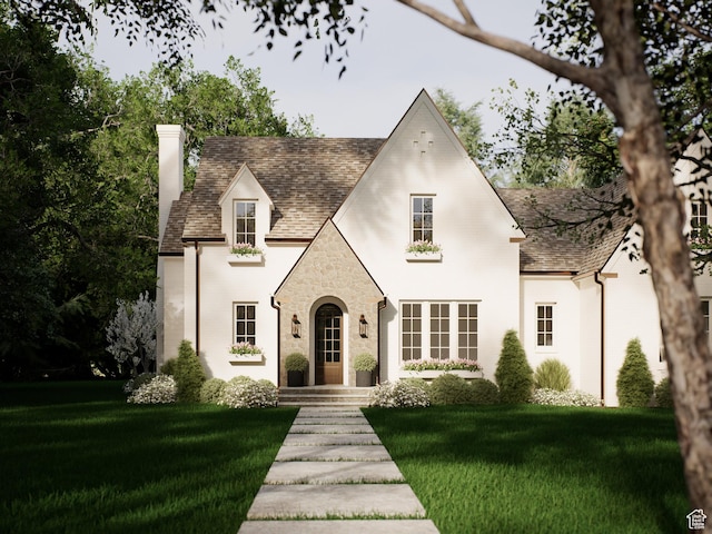 1435 Sage Way, Francis, UT 84036 - view of front facade featuring a chimney, a front lawn, and stone siding