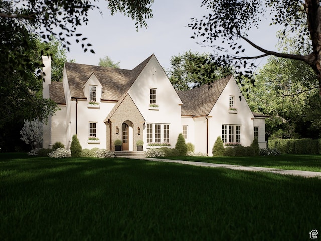 1435 Sage Way, Francis, UT 84036 - french country style house featuring a chimney, a front yard, stucco siding, and stone siding