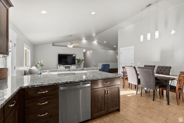 1235 N Valley Hills Blvd, Heber City, UT 84032 - kitchen featuring dishwasher, dark brown cabinets, open floor plan, a ceiling fan, and light wood-style floors