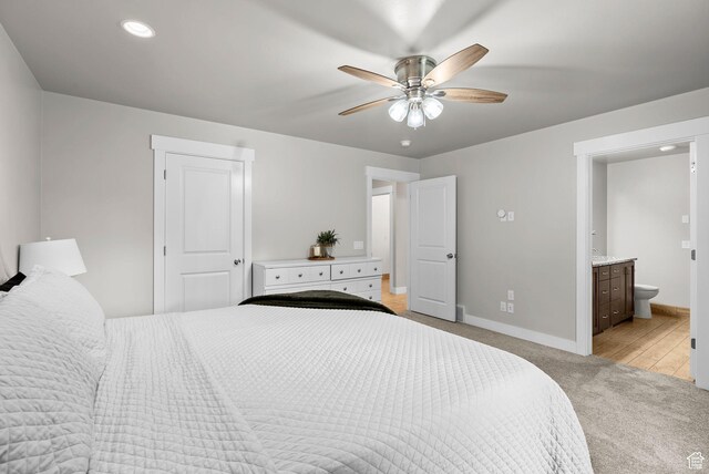 1235 N Valley Hills Blvd, Heber City, UT 84032 - bedroom featuring light colored carpet, ensuite bathroom, a ceiling fan, and recessed lighting