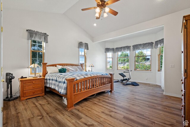 11508 S 5825 W, Payson, UT 84651 - bedroom featuring wood finished floors, lofted ceiling, recessed lighting, and ceiling fan
