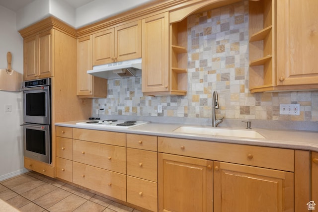 11508 S 5825 W, Payson, UT 84651 - kitchen with stainless steel double oven, open shelves, and light brown cabinets
