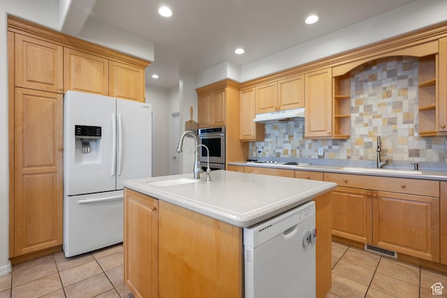 11508 S 5825 W, Payson, UT 84651 - kitchen featuring white appliances, under cabinet range hood, open shelves, an island with sink, and light tile patterned floors