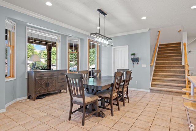 11508 S 5825 W, Payson, UT 84651 - dining space with stairs, ornamental molding, light tile patterned floors, and recessed lighting