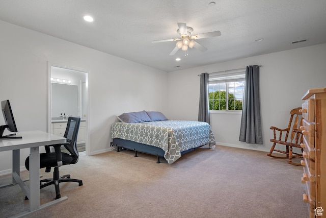 11508 S 5825 W, Payson, UT 84651 - bedroom featuring an office area, light carpet, connected bathroom, recessed lighting, and a ceiling fan