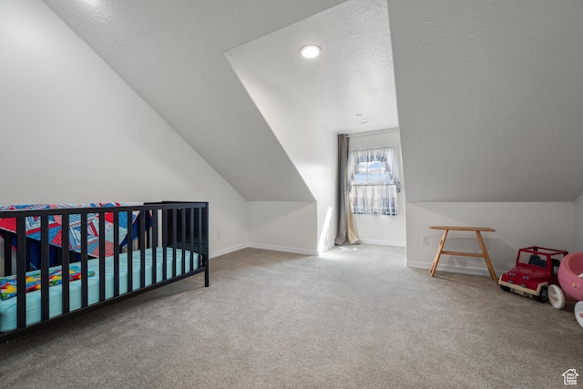 11508 S 5825 W, Payson, UT 84651 - bedroom featuring carpet flooring, a textured ceiling, and lofted ceiling