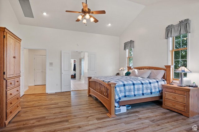 11508 S 5825 W, Payson, UT 84651 - bedroom with high vaulted ceiling, light wood-type flooring, recessed lighting, and a ceiling fan
