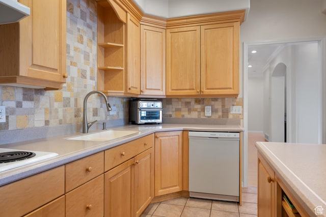 11508 S 5825 W, Payson, UT 84651 - kitchen with white appliances, light brown cabinetry, light countertops, decorative backsplash, and light tile patterned floors