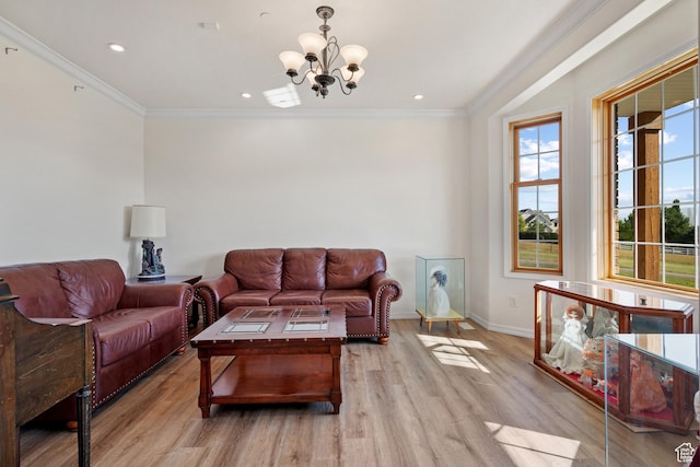 11508 S 5825 W, Payson, UT 84651 - living room featuring a chandelier, light wood finished floors, ornamental molding, and recessed lighting
