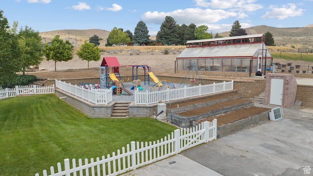 11508 S 5825 W, Payson, UT 84651 - view of yard with an exterior structure, an outdoor structure, a playground, and a mountain view