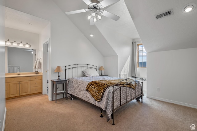 11508 S 5825 W, Payson, UT 84651 - bedroom with light carpet, lofted ceiling, ensuite bath, ceiling fan, and recessed lighting