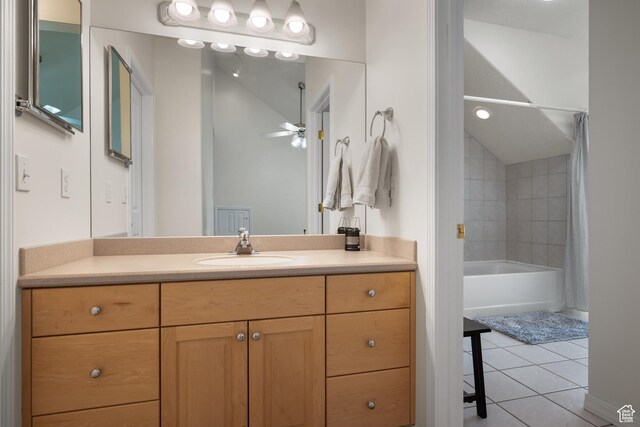11508 S 5825 W, Payson, UT 84651 - bathroom featuring tile patterned floors, vanity, shower / bathtub combination with curtain, a ceiling fan, and vaulted ceiling