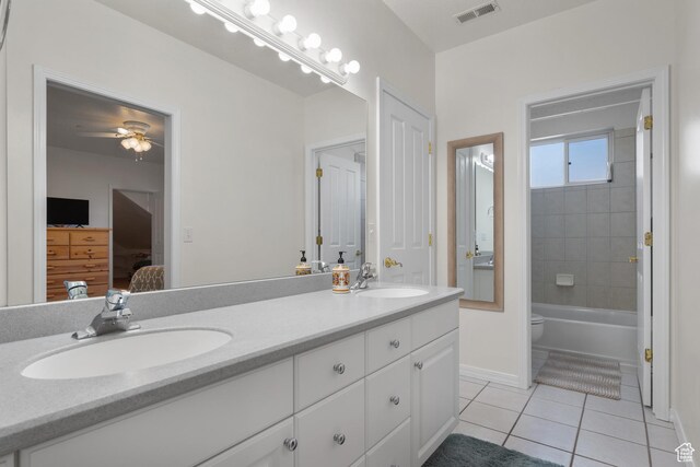 11508 S 5825 W, Payson, UT 84651 - ensuite bathroom with tile patterned floors, double vanity, ceiling fan, and shower / tub combination