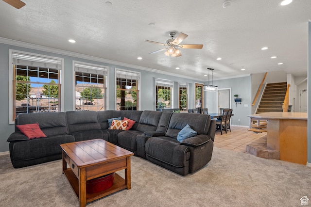 11508 S 5825 W, Payson, UT 84651 - living room with a ceiling fan, recessed lighting, ornamental molding, light colored carpet, and stairway