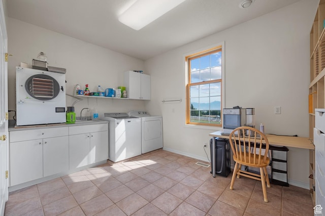 11508 S 5825 W, Payson, UT 84651 - laundry room with washing machine and clothes dryer, cabinet space, light tile patterned floors, and an office area