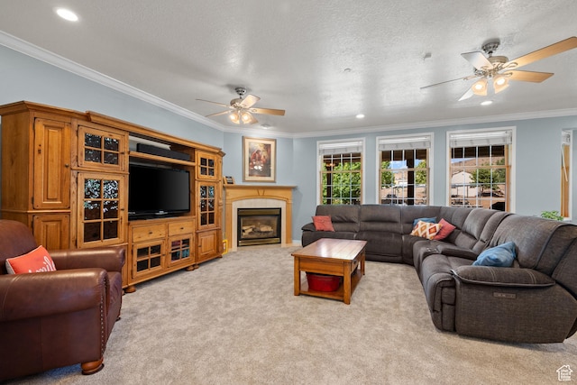 11508 S 5825 W, Payson, UT 84651 - living area with ceiling fan, carpet, crown molding, a tile fireplace, and recessed lighting