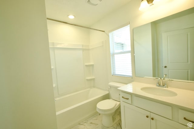 6669 W Skip Rock Rd, South Jordan, UT 84009 - bathroom with vanity, marble finish floors, shower / bathtub combination, and recessed lighting