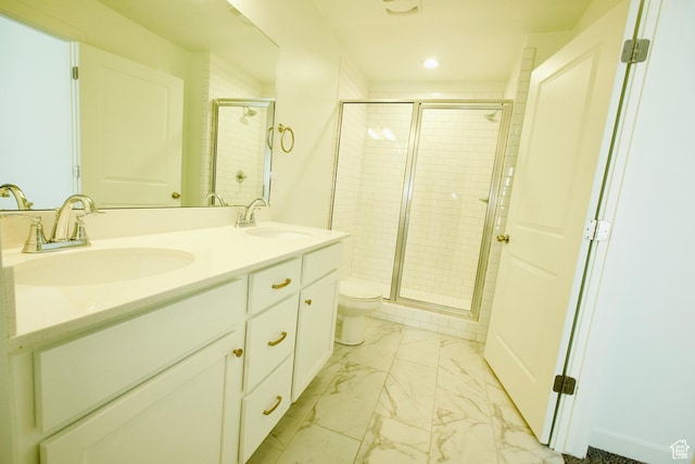 6669 W Skip Rock Rd, South Jordan, UT 84009 - bathroom with marble finish flooring, recessed lighting, a stall shower, and double vanity