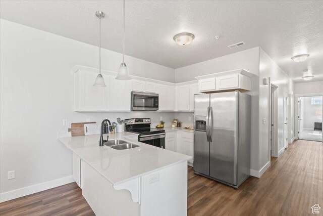 1806 W Newcastle Ln Unit 203, Saratoga Springs, UT 84045 - kitchen featuring stainless steel appliances, a peninsula, light countertops, white cabinets, and dark wood finished floors