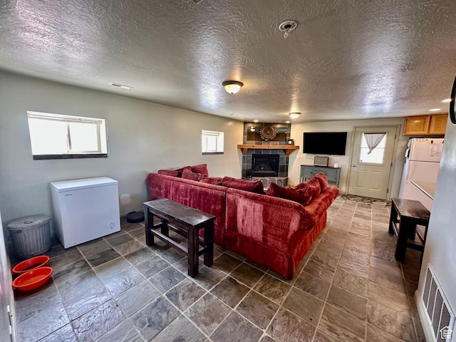 280 W Center St, Sterling, UT 84665 - living area with healthy amount of natural light, a textured ceiling, and a fireplace