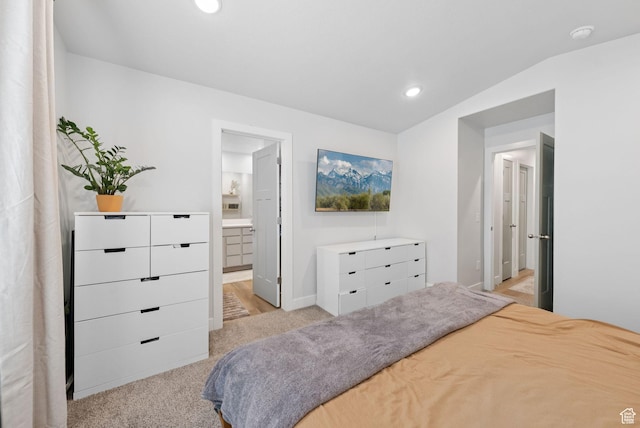 4913 W Olympic View Dr S, Kearns, UT 84118 - carpeted bedroom with recessed lighting, vaulted ceiling, and connected bathroom