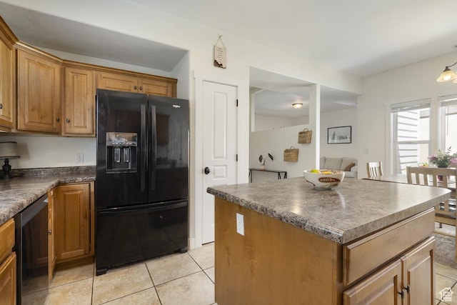 10907 Tahoe Way S, Jordan, UT 84009 - kitchen featuring black fridge with ice dispenser, dishwashing machine, dark countertops, and light tile patterned flooring