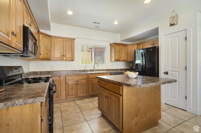 10907 Tahoe Way S, Jordan, UT 84009 - kitchen with black appliances, dark countertops, light tile patterned flooring, a kitchen island, and recessed lighting