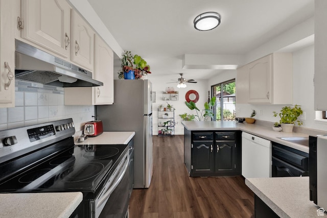 1888 W 7265 S, West Jordan, UT 84084 - kitchen with electric stove, under cabinet range hood, white dishwasher, ceiling fan, and a peninsula