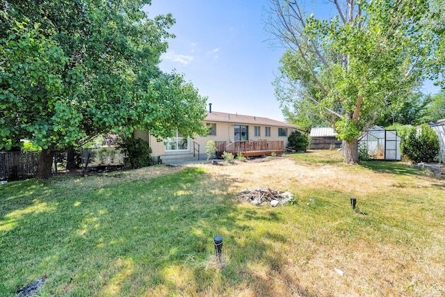 1888 W 7265 S, West Jordan, UT 84084 - view of yard featuring a greenhouse, a wooden deck, and an outbuilding
