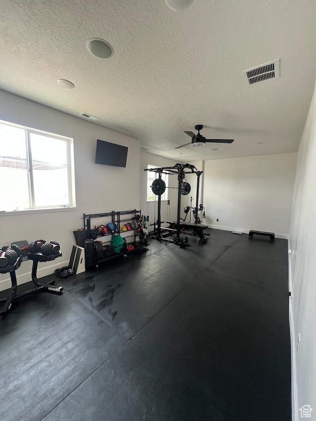 420 W 350 N, Gunnison, UT 84634 - exercise area featuring a textured ceiling, healthy amount of natural light, and a ceiling fan