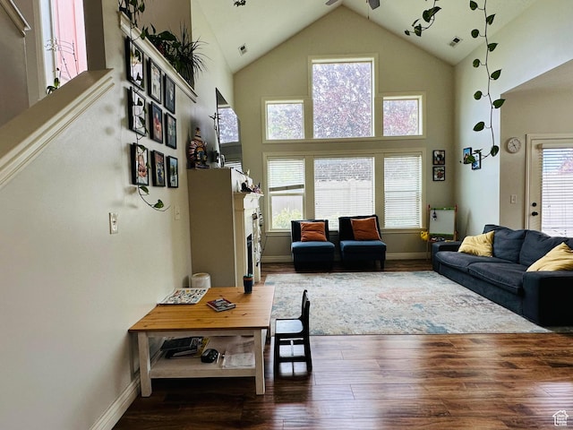 10227 Mystic Brook Way S, South Jordan, UT 84095 - living area with wood finished floors, high vaulted ceiling, and a fireplace