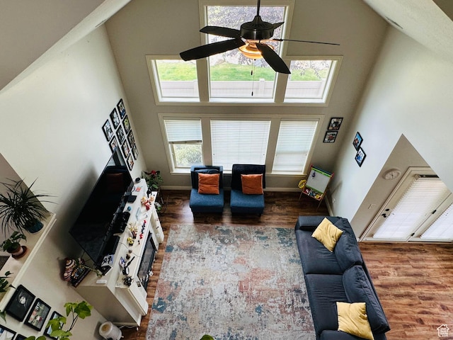 10227 Mystic Brook Way S, South Jordan, UT 84095 - living area with wood finished floors, high vaulted ceiling, and ceiling fan